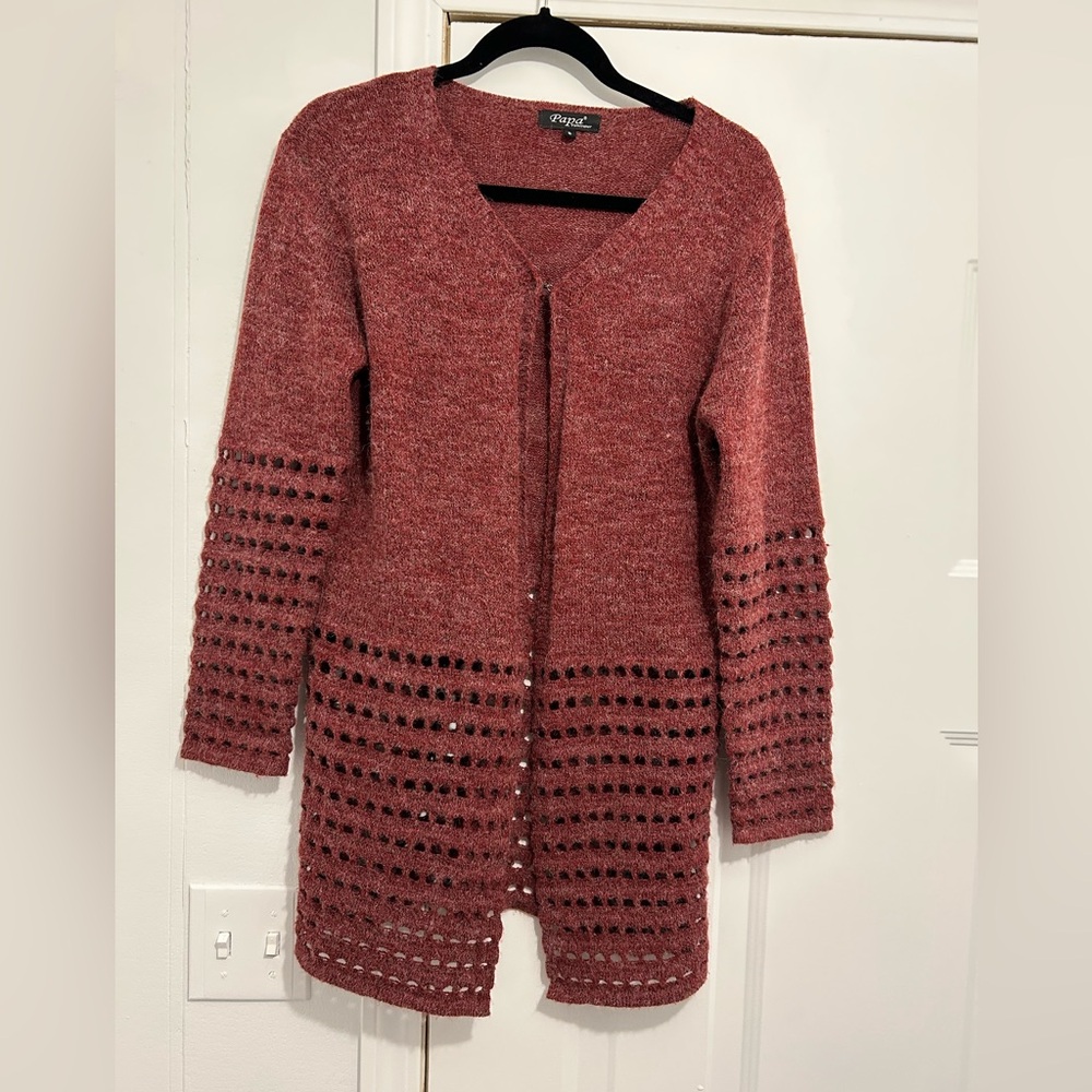 Papa Vancouver Women's Open Knit Longer Burgundy Cardigan      Size Small